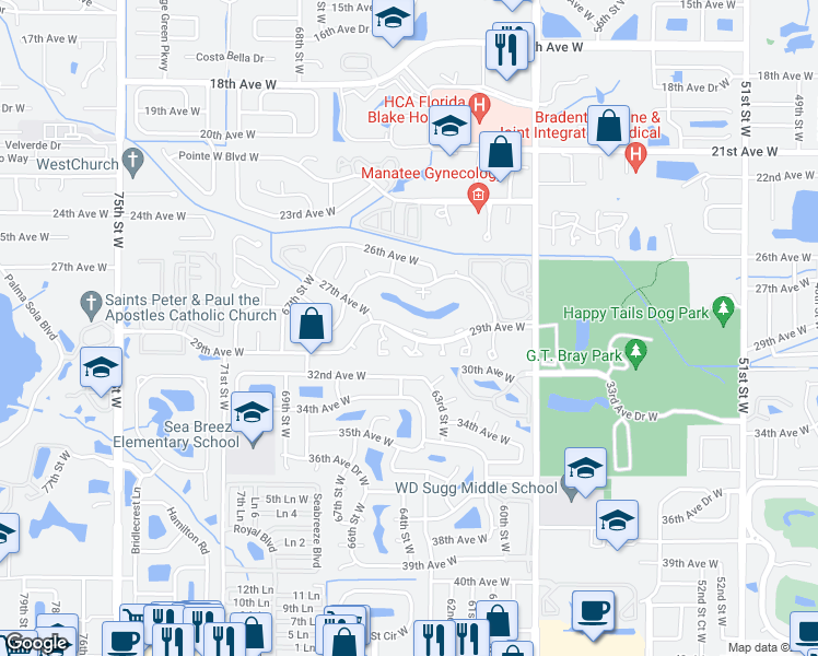 map of restaurants, bars, coffee shops, grocery stores, and more near 6324 29th Avenue West in Bradenton