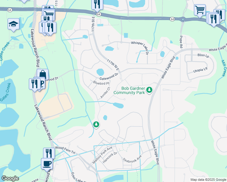 map of restaurants, bars, coffee shops, grocery stores, and more near 11704 Bluebird Place in Bradenton