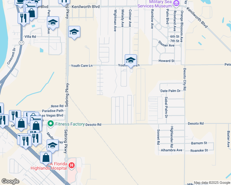 map of restaurants, bars, coffee shops, grocery stores, and more near 2308 Wightman Avenue in Sebring