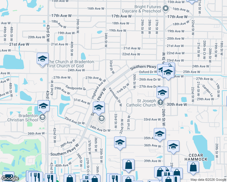 map of restaurants, bars, coffee shops, grocery stores, and more near 3403 Oxford Drive West in Bradenton