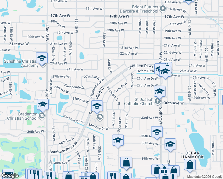 map of restaurants, bars, coffee shops, grocery stores, and more near 3403 Oxford Drive West in Bradenton