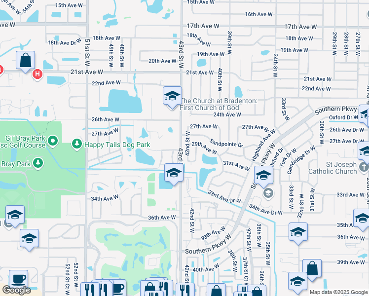 map of restaurants, bars, coffee shops, grocery stores, and more near 2901 42nd Street West in Bradenton