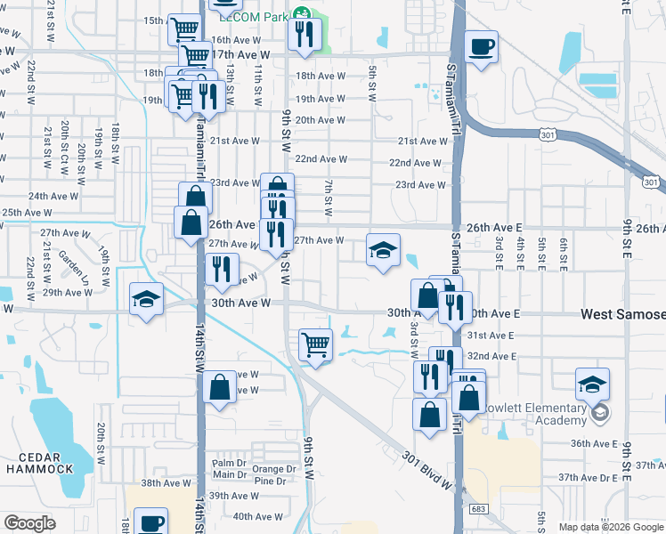 map of restaurants, bars, coffee shops, grocery stores, and more near 2806 7th Street West in Bradenton