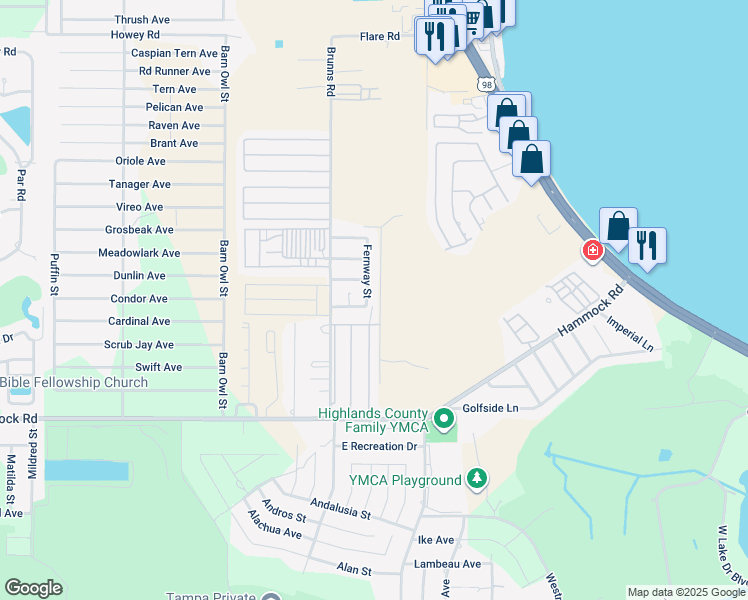 map of restaurants, bars, coffee shops, grocery stores, and more near 2558 Fernway Street in Sebring