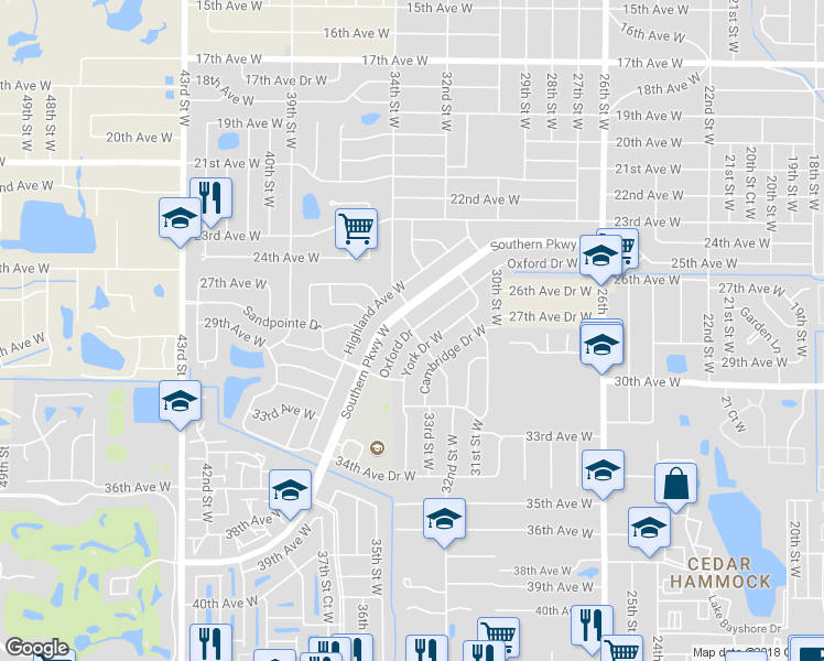 map of restaurants, bars, coffee shops, grocery stores, and more near 3110 Oxford Drive in Bradenton
