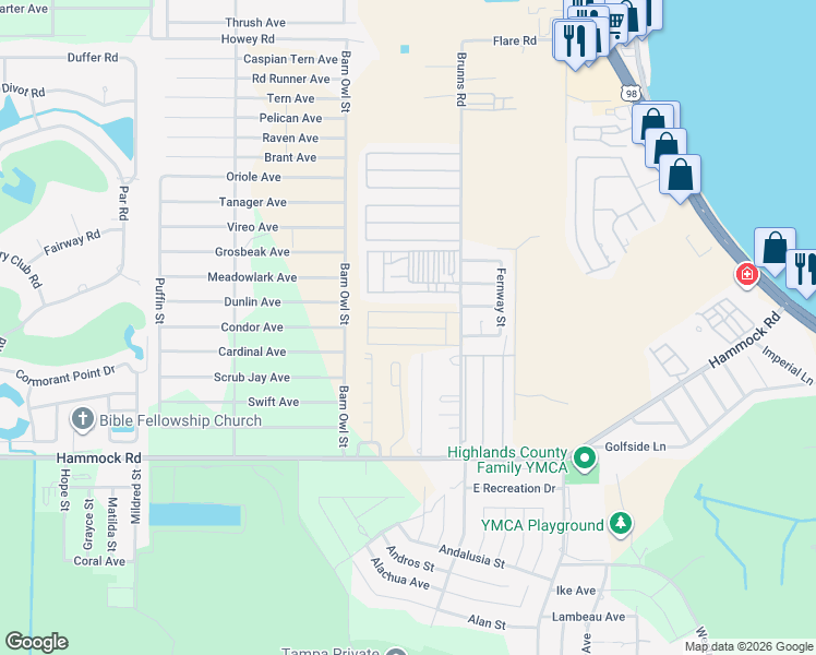 map of restaurants, bars, coffee shops, grocery stores, and more near 2545 Brunns Road in Sebring