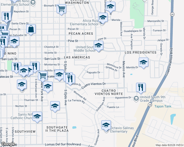 map of restaurants, bars, coffee shops, grocery stores, and more near 3002 Tepic Drive in Laredo
