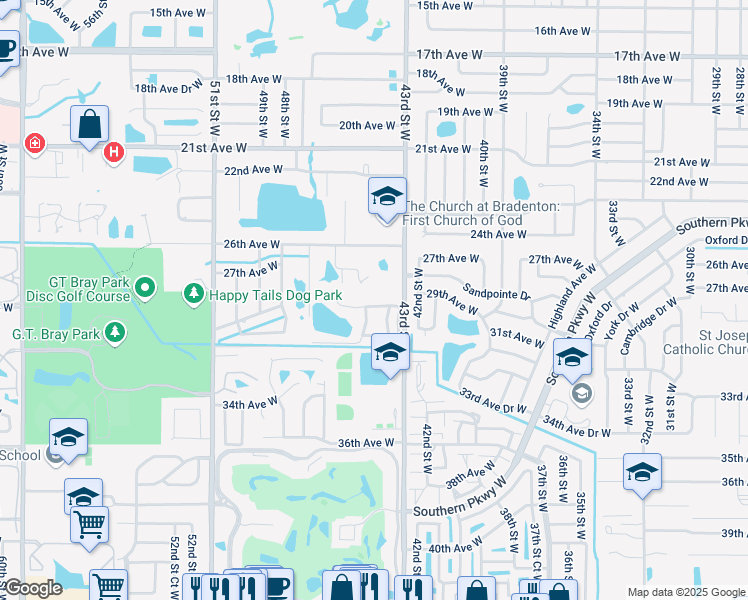 map of restaurants, bars, coffee shops, grocery stores, and more near 4411 Park Lake Terrace North in Bradenton