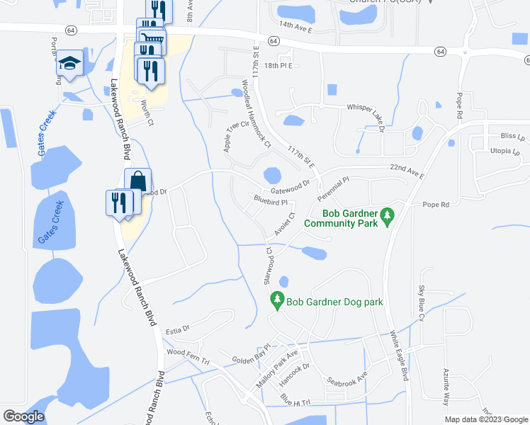 map of restaurants, bars, coffee shops, grocery stores, and more near 2417 Wildflower Run in Bradenton