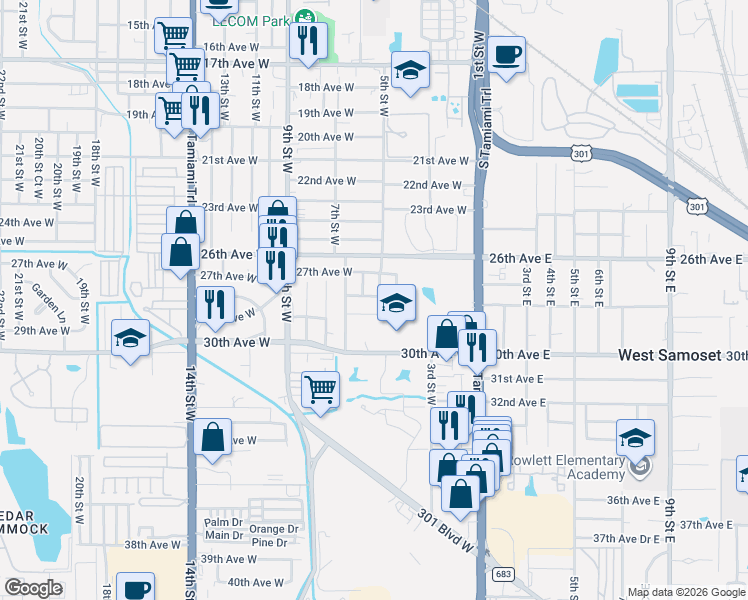 map of restaurants, bars, coffee shops, grocery stores, and more near 511 28th Avenue West in Bradenton