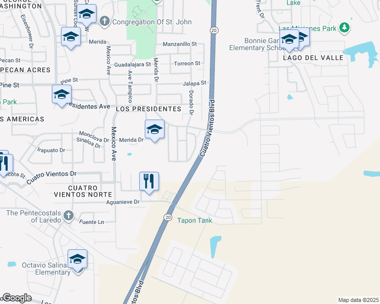 map of restaurants, bars, coffee shops, grocery stores, and more near 2313 Dorado Drive in Laredo