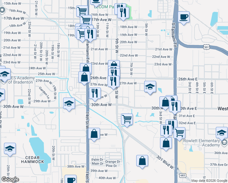 map of restaurants, bars, coffee shops, grocery stores, and more near 2800 9th Street West in Bradenton