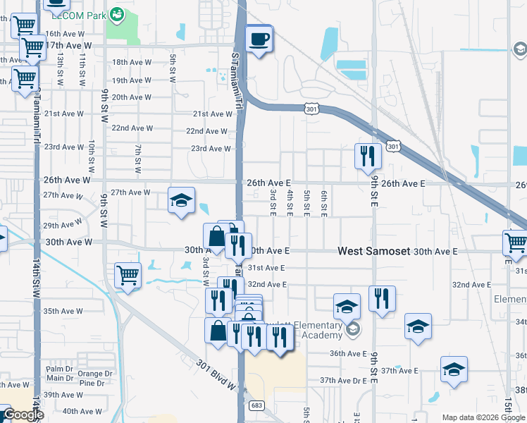 map of restaurants, bars, coffee shops, grocery stores, and more near 121 28th Avenue East in Bradenton