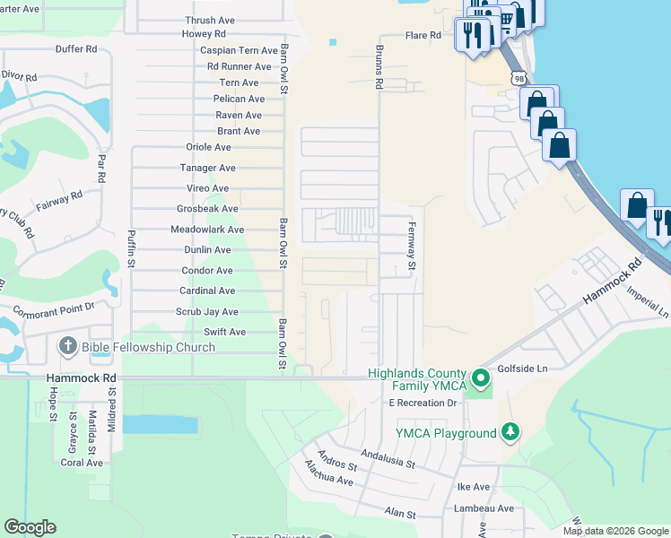 map of restaurants, bars, coffee shops, grocery stores, and more near 2545 Brunns Road in Sebring