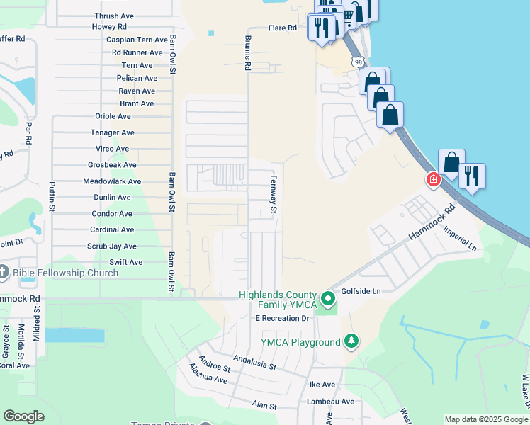 map of restaurants, bars, coffee shops, grocery stores, and more near 2558 Fernway Street in Sebring