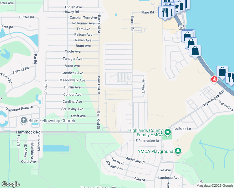 map of restaurants, bars, coffee shops, grocery stores, and more near 2545 Brunns Road in Sebring