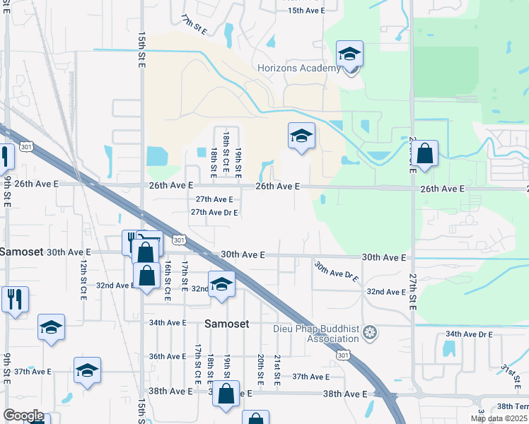 map of restaurants, bars, coffee shops, grocery stores, and more near 2020 26th Avenue East in Bradenton