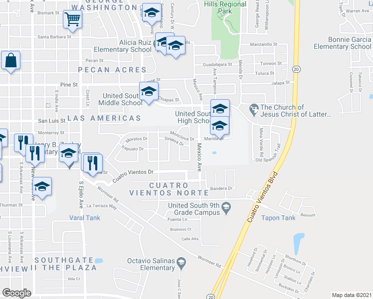 map of restaurants, bars, coffee shops, grocery stores, and more near 2124 Poza Rica Dr in Laredo