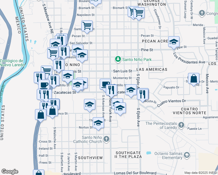 map of restaurants, bars, coffee shops, grocery stores, and more near 2402 South New York Avenue in Laredo