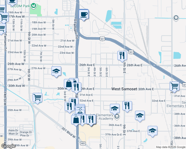 map of restaurants, bars, coffee shops, grocery stores, and more near 2712 4th Street East in Bradenton