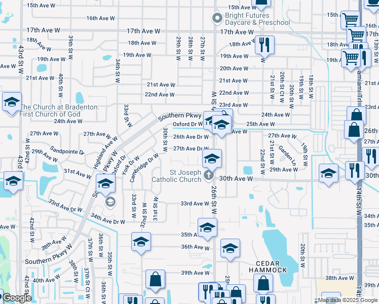 map of restaurants, bars, coffee shops, grocery stores, and more near 2807 27th Avenue Drive West in Bradenton