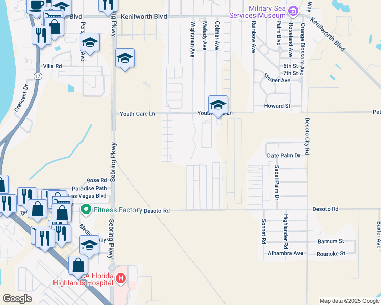 map of restaurants, bars, coffee shops, grocery stores, and more near 2308 Wightman Avenue in Sebring