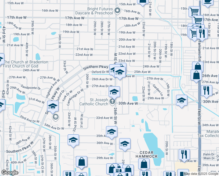 map of restaurants, bars, coffee shops, grocery stores, and more near 2615 27th Avenue Drive West in Bradenton