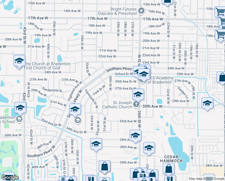 map of restaurants, bars, coffee shops, grocery stores, and more near 2915 27th Avenue Drive West in Bradenton