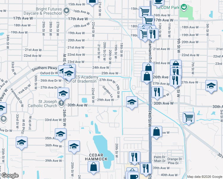 map of restaurants, bars, coffee shops, grocery stores, and more near 1927 28th Avenue Drive West in Bradenton