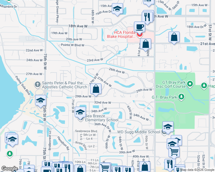 map of restaurants, bars, coffee shops, grocery stores, and more near 6403 27th Avenue West in Bradenton