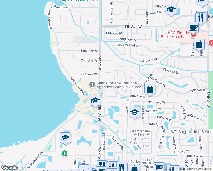 map of restaurants, bars, coffee shops, grocery stores, and more near 2818 74th Street West in Bradenton