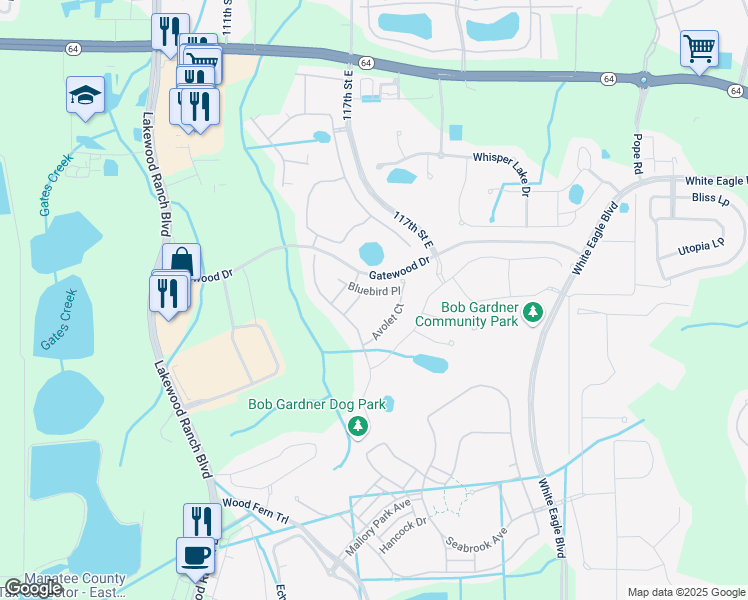 map of restaurants, bars, coffee shops, grocery stores, and more near 2417 Wildflower Run in Bradenton