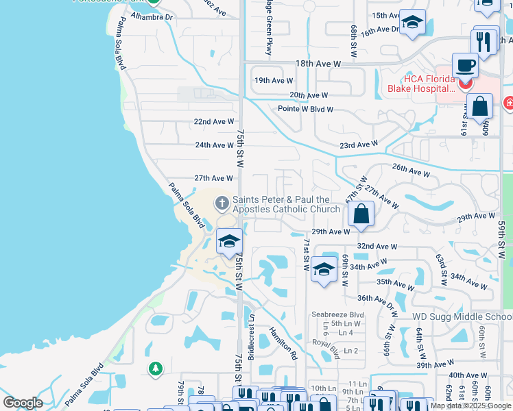 map of restaurants, bars, coffee shops, grocery stores, and more near 2818 74th Street West in Bradenton