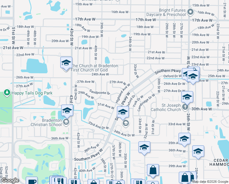 map of restaurants, bars, coffee shops, grocery stores, and more near 3614 29th Avenue West in Bradenton