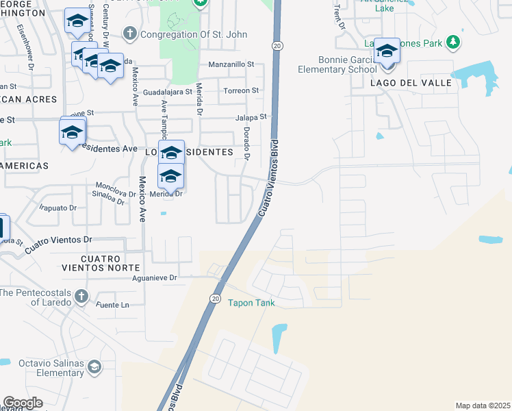 map of restaurants, bars, coffee shops, grocery stores, and more near 2313 Dorado Drive in Laredo