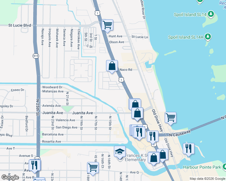 map of restaurants, bars, coffee shops, grocery stores, and more near 746 Silverstream Circle in Fort Pierce