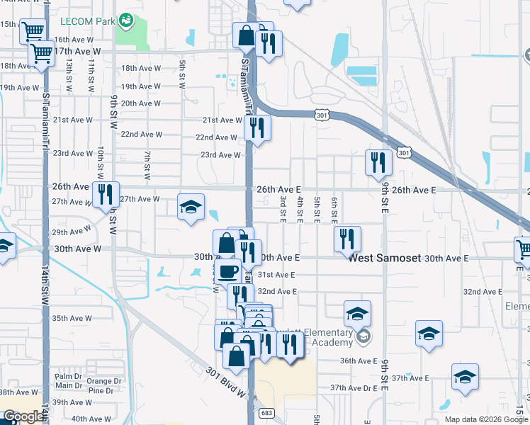 map of restaurants, bars, coffee shops, grocery stores, and more near 121 28th Avenue East in Bradenton