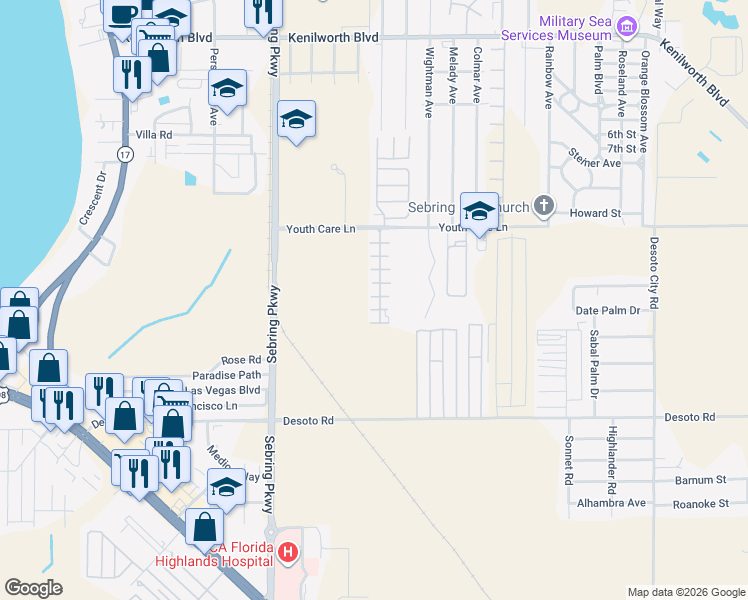 map of restaurants, bars, coffee shops, grocery stores, and more near Zim Road in Sebring