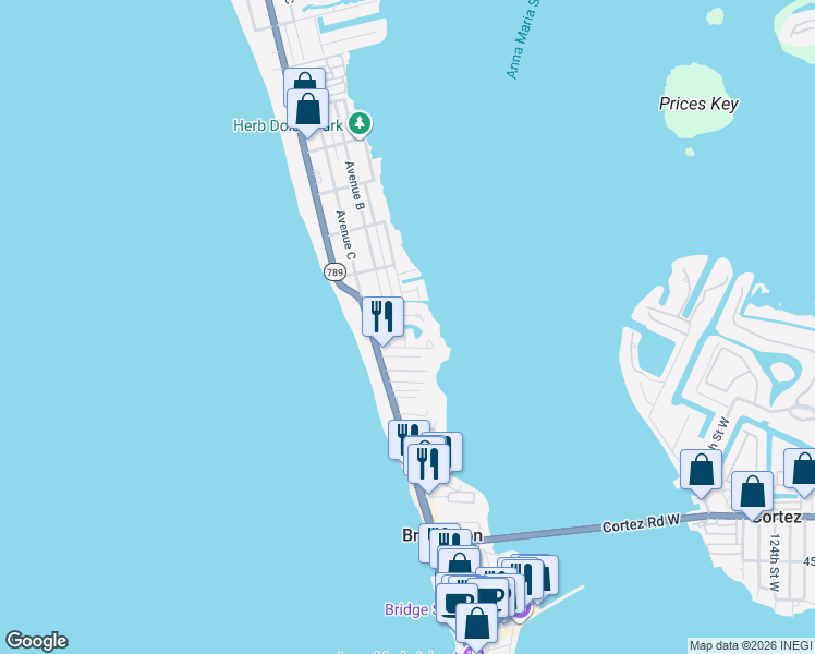 map of restaurants, bars, coffee shops, grocery stores, and more near 1801 Gulf Drive North in Bradenton Beach