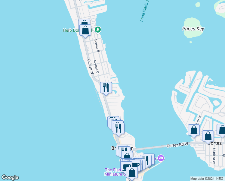 map of restaurants, bars, coffee shops, grocery stores, and more near 1801 Gulf Drive North in Bradenton Beach