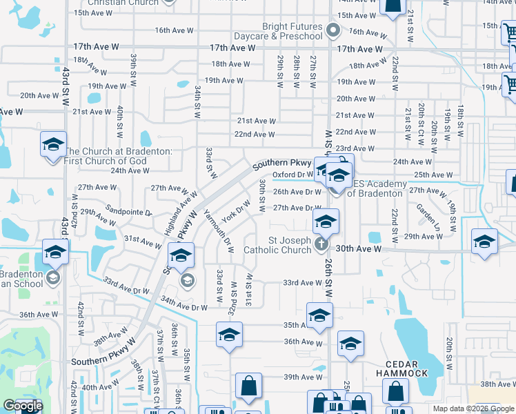 map of restaurants, bars, coffee shops, grocery stores, and more near 2915 27th Avenue Drive West in Bradenton