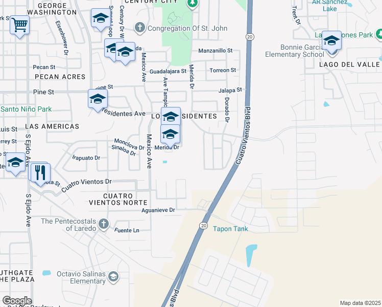map of restaurants, bars, coffee shops, grocery stores, and more near 4001 Los Presidentes Avenue in Laredo