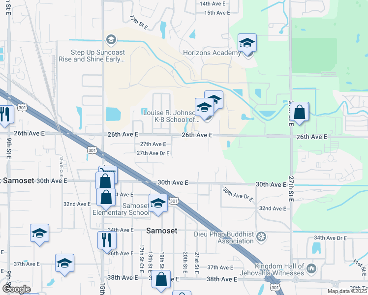 map of restaurants, bars, coffee shops, grocery stores, and more near 2020 26th Avenue East in Bradenton