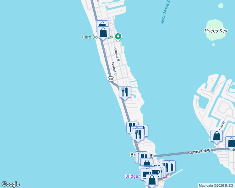 map of restaurants, bars, coffee shops, grocery stores, and more near 1800 Gulf Drive North in Bradenton Beach