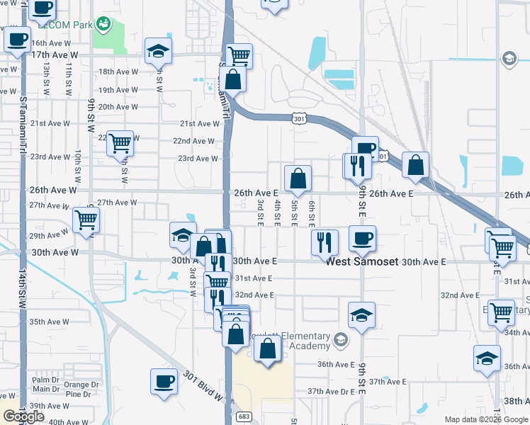 map of restaurants, bars, coffee shops, grocery stores, and more near 2712 4th Street East in Bradenton