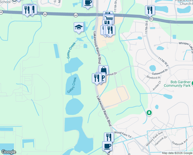 map of restaurants, bars, coffee shops, grocery stores, and more near 2401 Lakewood Ranch Boulevard in Bradenton