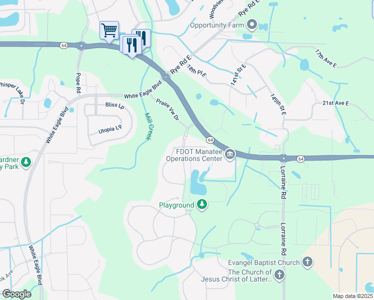 map of restaurants, bars, coffee shops, grocery stores, and more near 13804 American Prairie Place in Bradenton