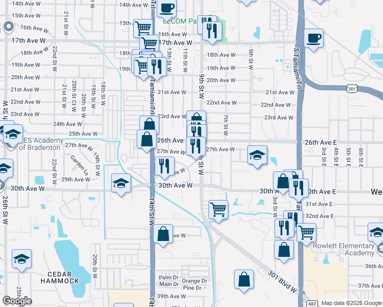 map of restaurants, bars, coffee shops, grocery stores, and more near 2800 9th Street West in Bradenton