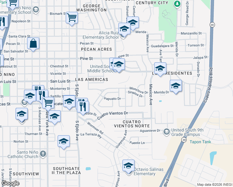 map of restaurants, bars, coffee shops, grocery stores, and more near 3002 Tepic Drive in Laredo