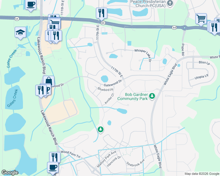 map of restaurants, bars, coffee shops, grocery stores, and more near 11704 Bluebird Place in Bradenton